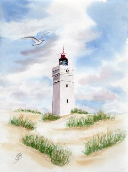 Postcard DIN-A5 Watercolor Maritime Art Print Art Print North Sea Denmark Danmark Blåvand Blavand  dunes  lighthouse